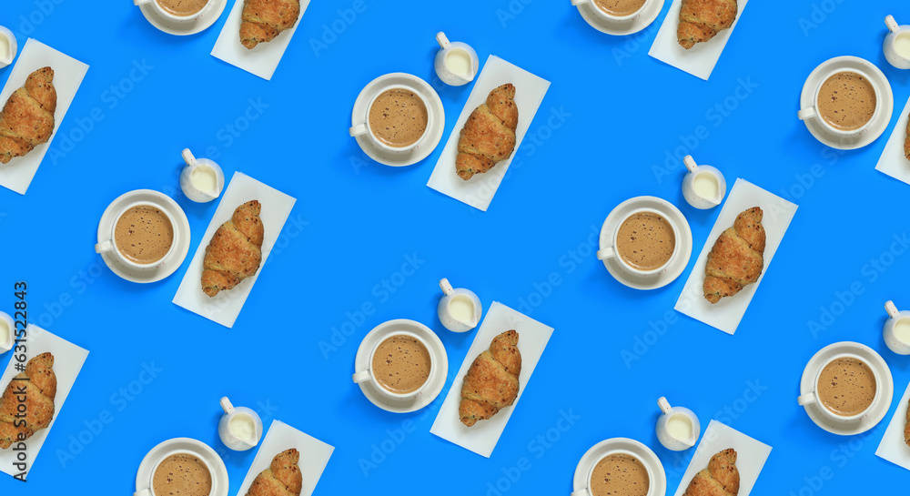 Fototapeta premium Seamless background with cappuccino cups, croissants and milk jugs on a blue background. Morning coffee on a blue background. Coffee and croissant. The concept of healthy eating and sweet food