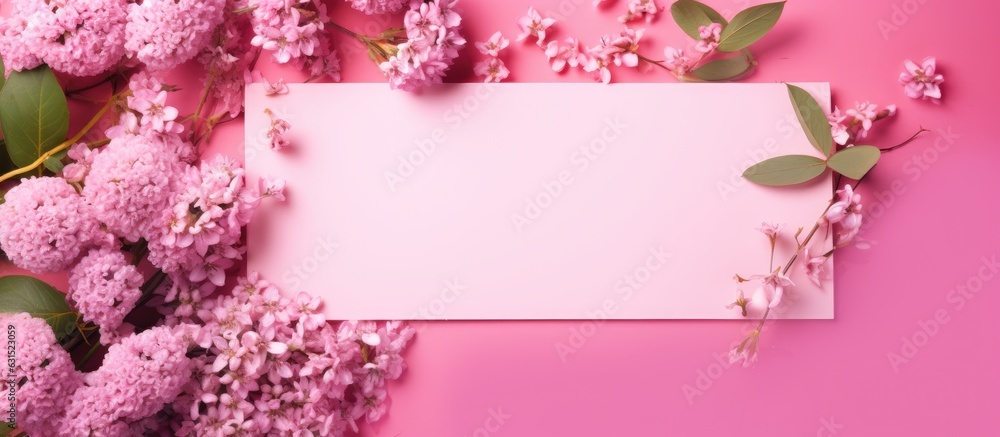 The greeting card has a flat lay with a pink background and pink flowers, creating a pattern.