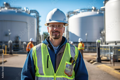 Portrait of engineer man worker at LPG storage plant, LNG liquefied natural gas tanks photo