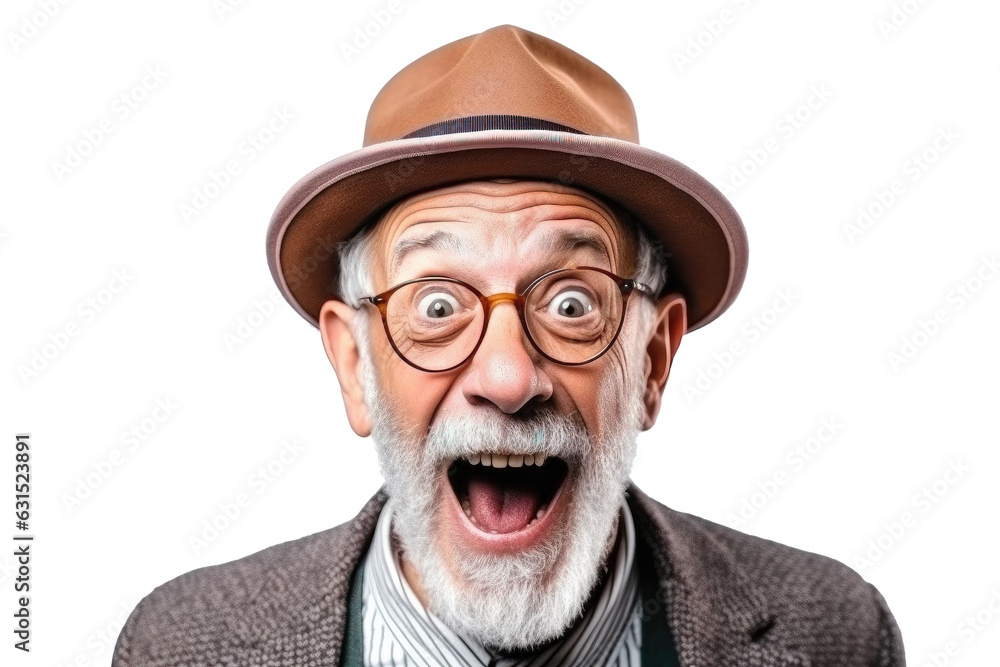 Portrait of funny amazed old man with open mouth and shocked big eyes wearing hat and eyeglasses on a transparent background Portrait of funny amazed old man with open mouth and shocked big eyes wearing hat and eyeglasses on a transparent background