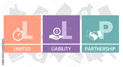 LLP, Limited Liability Partnership. Concept with keywords, people and icons. Flat vector illustration. Isolated on white background.