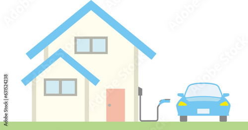 三角屋根の2階建て住宅で充電する電気自動車のイラスト