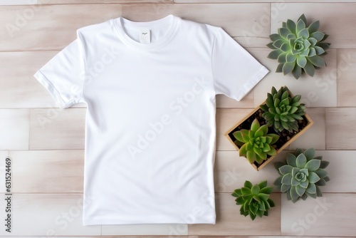 Succulents White T-Shirt Mockup Template Top View, Generative Ai