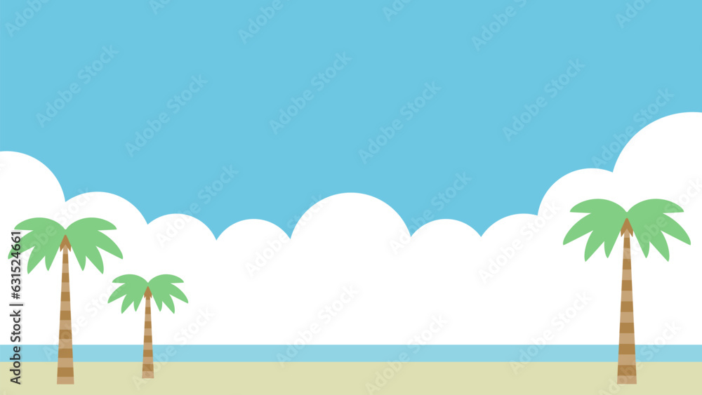 海岸線に浮かぶ夏雲とヤシの木のイラスト