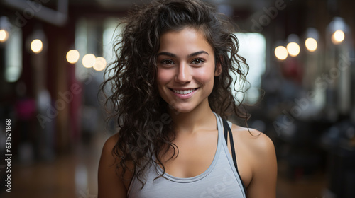 Gymgirl posing in a modern fitness studio. Wallpaper Gym.  © NoOneSaid