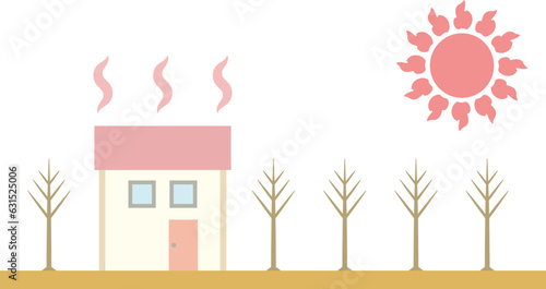 太陽熱で熱くなった小さな四角い家のイラスト
