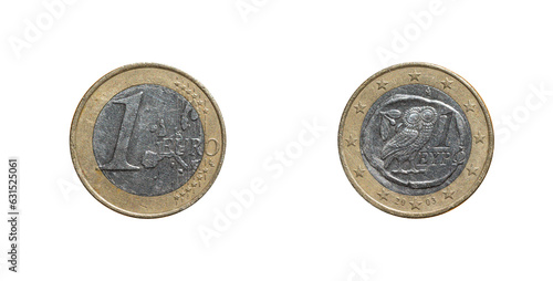 1 Euro coin from Greece with a owl on it, obverse and reverse macro shot.