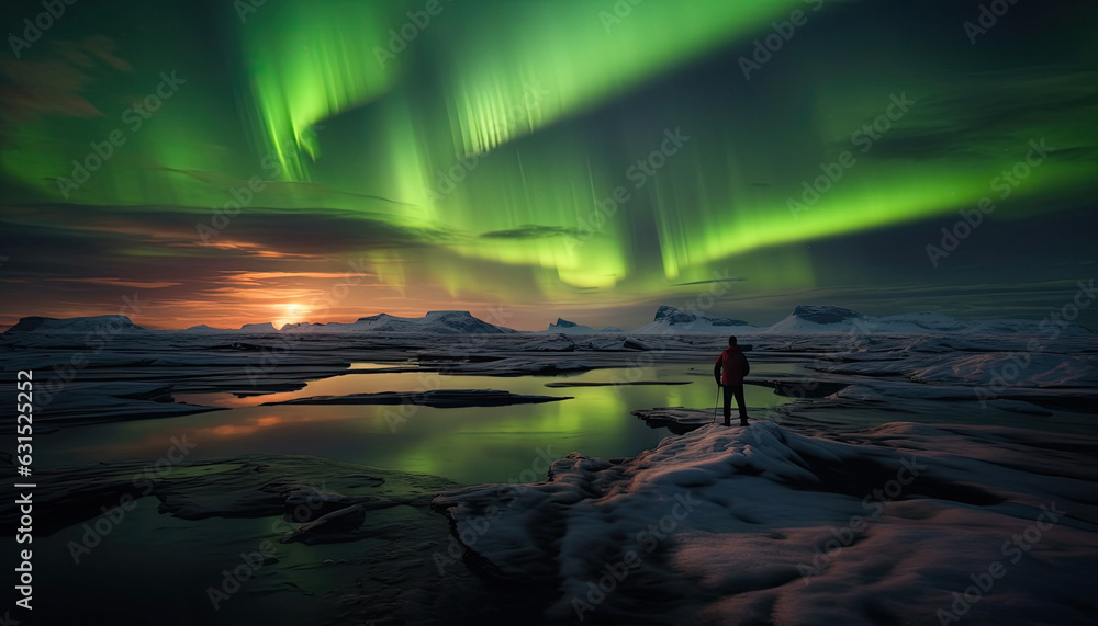 A landscape shot with northern lights at night in the sky, Iceland on the ground and a photographer taking pictures in the distance,generative ai - obrazy, fototapety, plakaty 