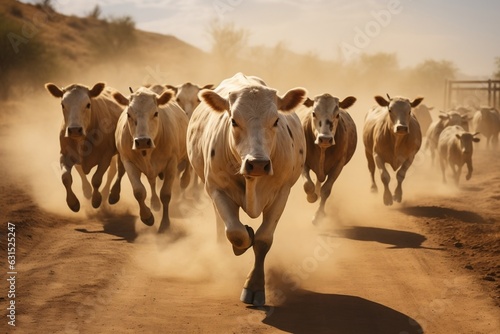 Stampeding Cattle Sprinting on a Gravel Path. Generative AI