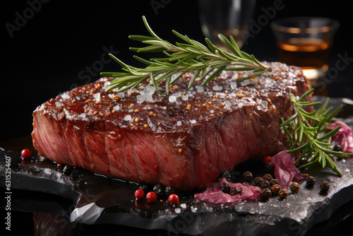 steak with salt and pepper on black background, ai generated.