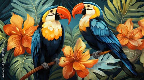 beautiful multicolored background with exotic birds and flowers, ai tools generated image © whitehoune