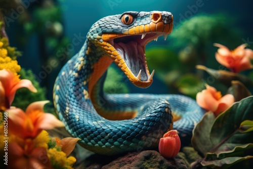 close-up view of a beautiful exotic snake in tropical surrounding, ai tools generated image © whitehoune
