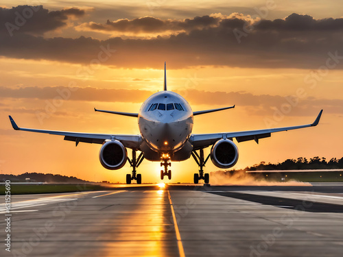 A large jetliner taking off from an airport runway at sunset or dawn with the landing gear down and the landing gear down, as the plane is about to take off, Generate AI