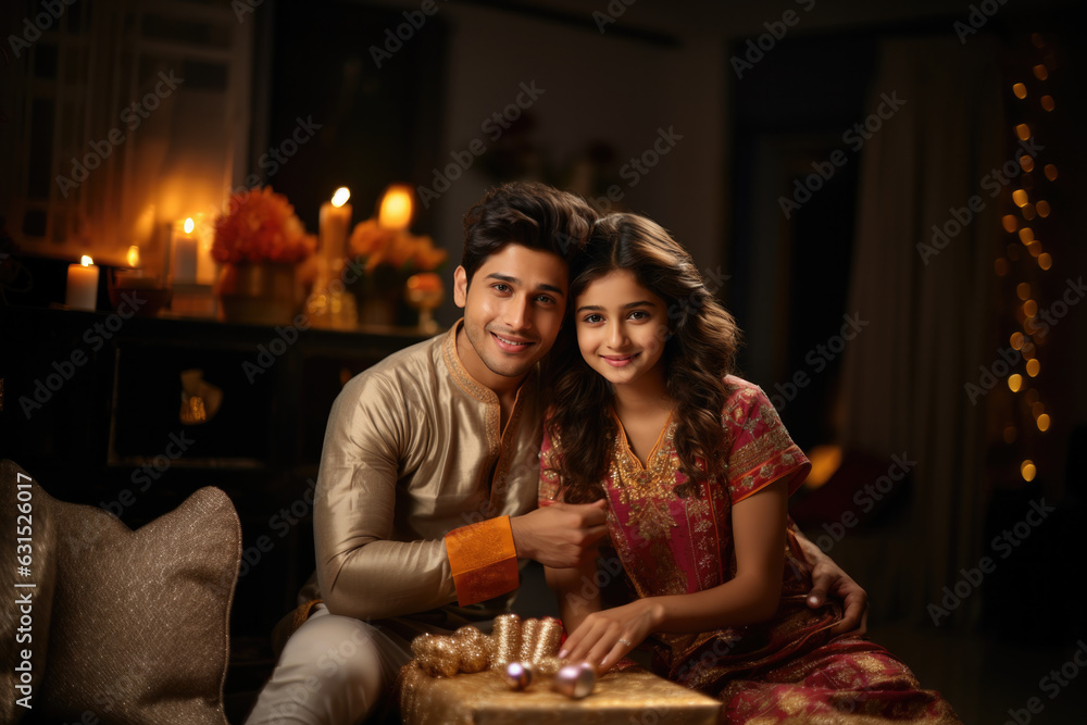 Cheerful Indian brother and sister exchanging gift box during raksha bandhan festival