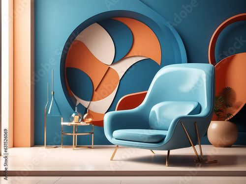 Pastel multi color vibrant groovy retro striped background wall frame with bright armchair décor. Abstract minimal concept. Mock up template for product presentation. 3D rendering. copy text space