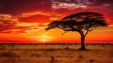 Lively savannah, Focusing on herds of migrating wildebeest, Prowling predators, Sprawling acacia trees, Vibrant sunset, Generative AI