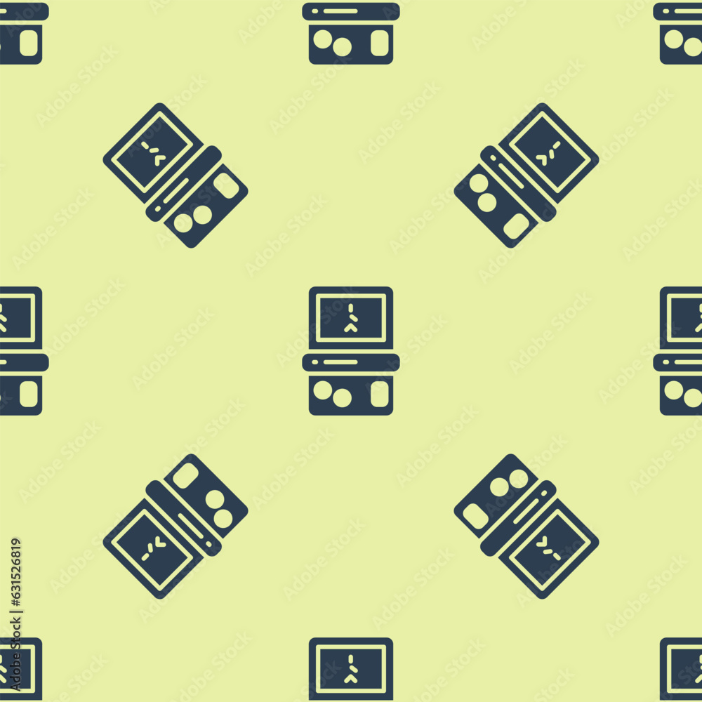 Blue Portable tetris electronic game icon isolated seamless pattern on yellow background. Vintage style pocket brick game. Interactive playing device. Vector Blue Portable tetris electronic game icon isolated seamless pattern on yellow background. Vintage style pocket brick game. Interactive playing device. Vector
