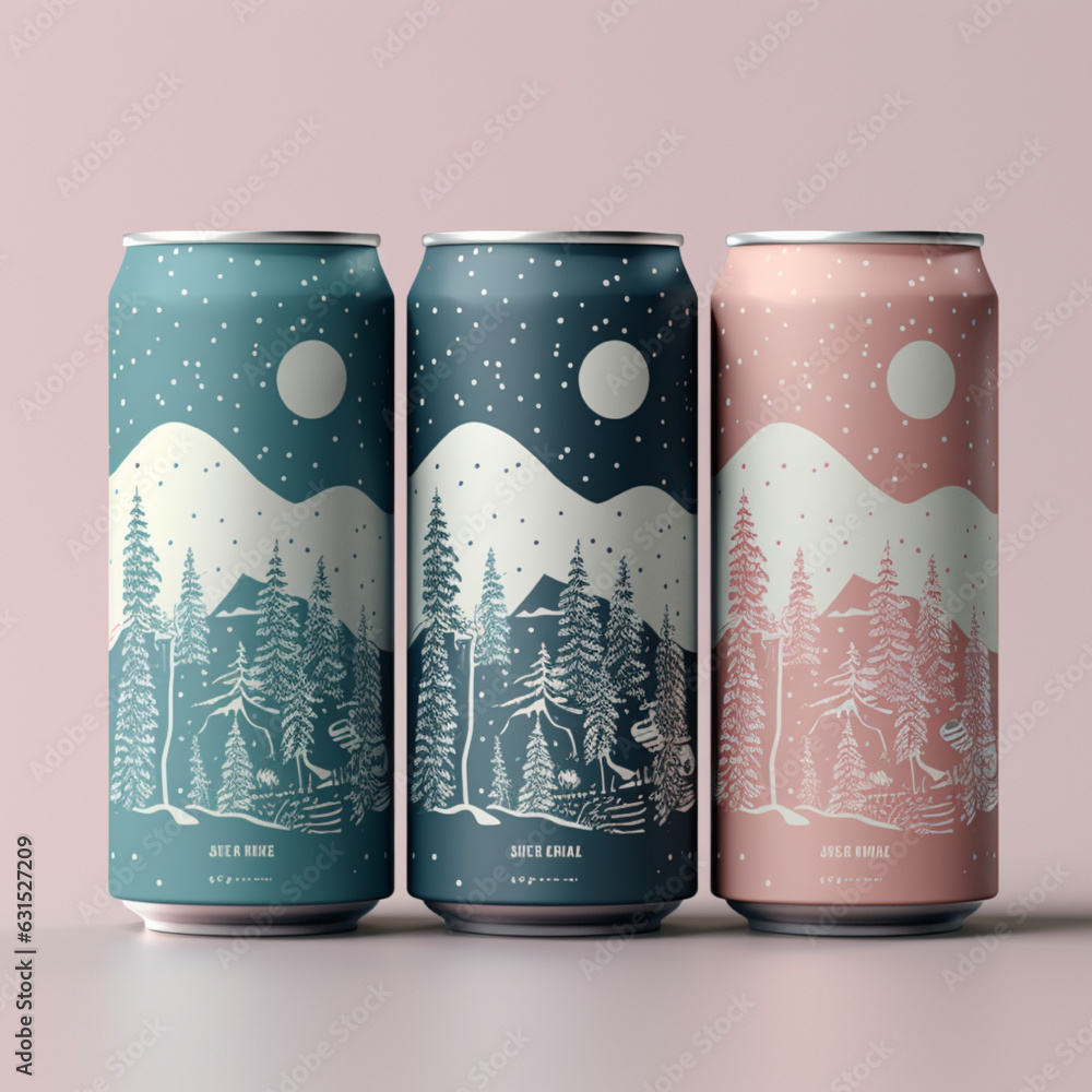 Fototapeta premium Aluminum can mockup with mountains and forest. 3D rendering