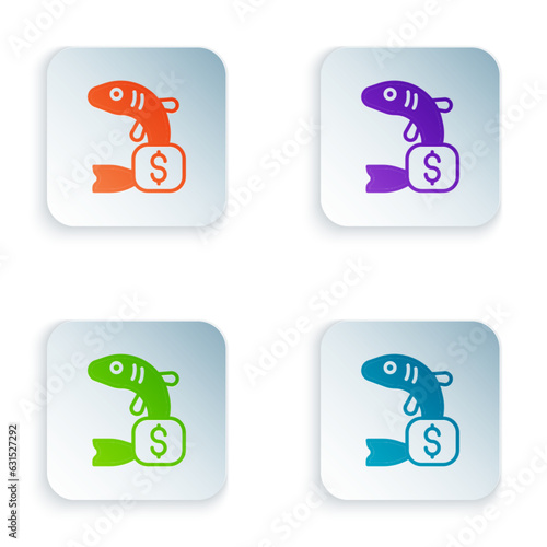 Color Price tag for fish icon isolated on white background. Set colorful icons in square buttons. Vector