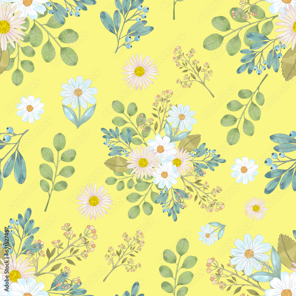 Meadow wildflower watercolor seamless pattern. garden flower botanical decorative ornament illustration. floral bloom