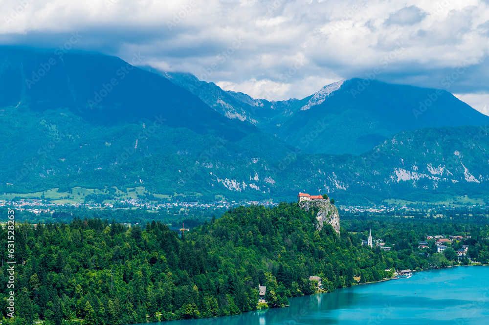 A view from the Ojstrica viewpoint towards the castle above Lake Bled, Slovenia in summertime