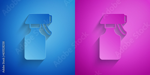 Paper cut Water spray bottle icon isolated on blue and purple background. Sprinkler for ironing. Paper art style. Vector