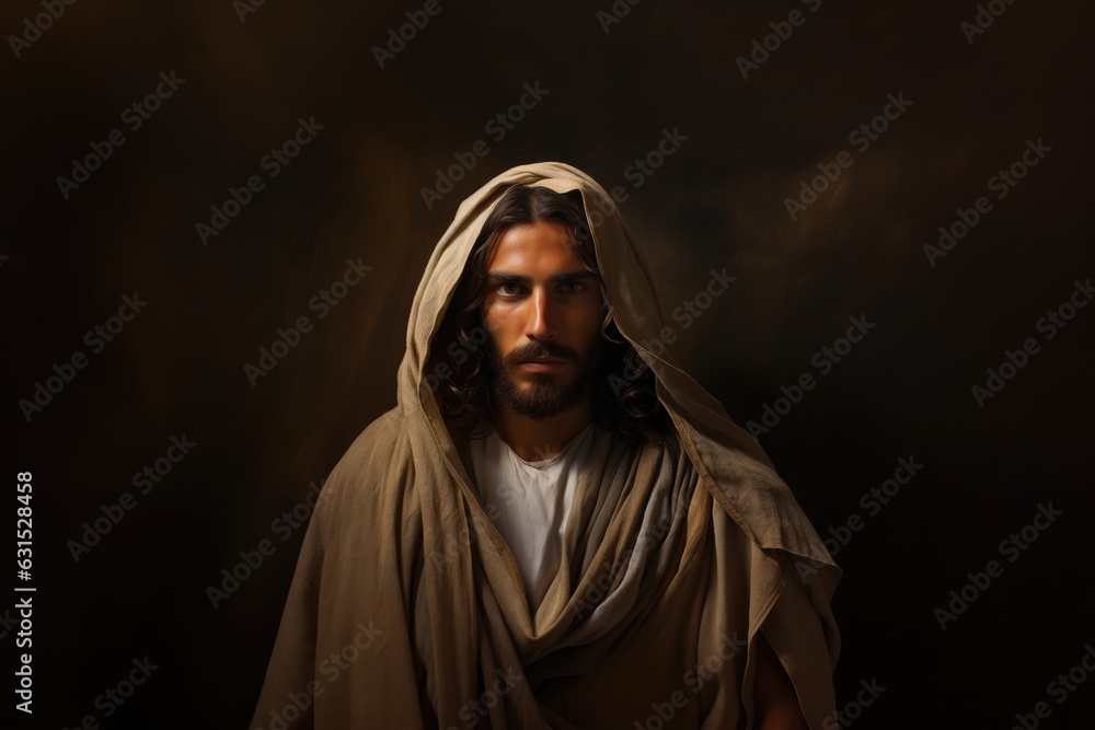 Realistic portrait of Jesus Christ on dark background Realistic portrait of Jesus Christ on dark background