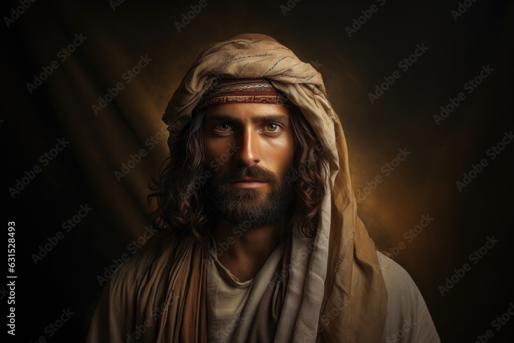 Realistic portrait of Jesus Christ on a dark background with light