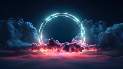 3d render, abstract cloud illuminated with neon light ring on dark night sky. Glowing geometric shape, round frame