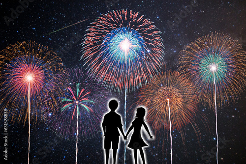 花火と星空を見上げるカップルの後ろ姿のシルエット