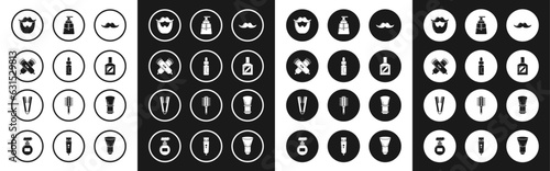 Set Mustache, Glass bottle with pipette, Crossed electrical hair clipper or shaver, and beard, Aftershave, Shaving brush and Curling iron for icon. Vector