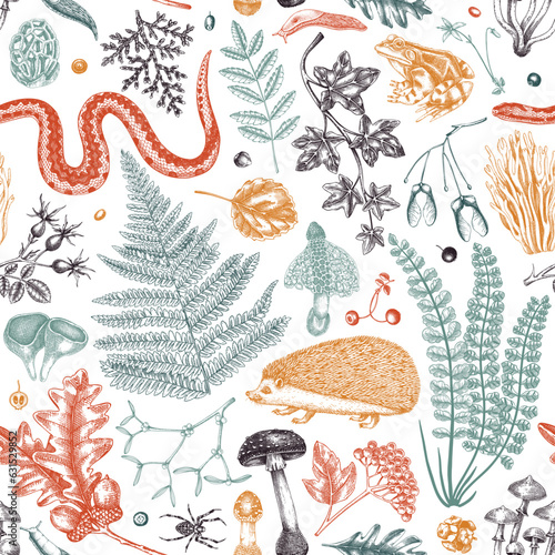 Vector seamless pattern with woodland animals, fern leaf, mushrooms, fall leaves and autumn plant sketch. Beautiful botanical repeating texture. Hand drawn autumn forest background for print, fabric,