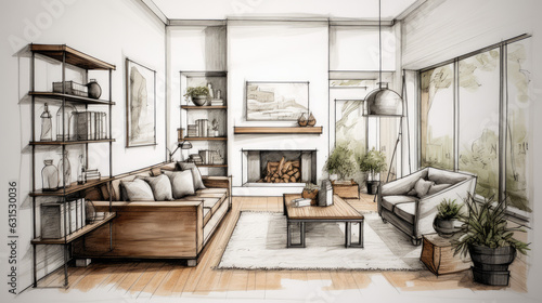 Fototapeta Architectural livingroom sketch, interior project concept art