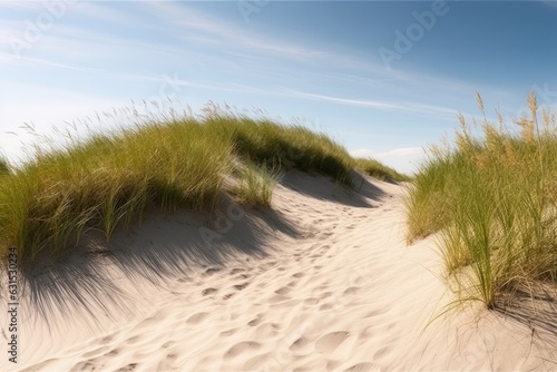 Sand dunes with dune grass on a sunny day, Generative AI