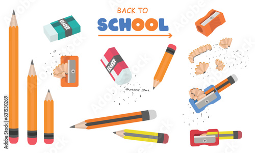 Back to school vector set. Stationery collection. School supplies vector illustration. Pencil, eraser, pencil sharpener, pencil shavings, pencil waste. Flat vector in cartoon style.