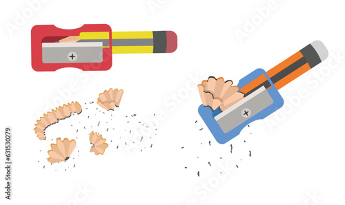 Pencil sharpener vector set. Object with a blade inside to make a pencil sharp. Pencil shavings. Pencil waste. Back to school concept. School supplies vector. Flat and 3D vector in cartoon style.