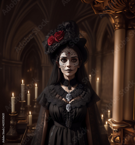 Portrait of young woman with sugar skull makeup and red roses dressed in black costume of death as Santa Muerte. Day of the Dead or Halloween concept. Dia de muertos.