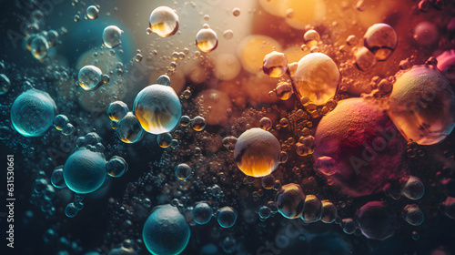 abstract background and wallpaper of clolorful bubbles in teal-orange tones. Neural network generated in May 2023. Not based on any actual scene or pattern. photo