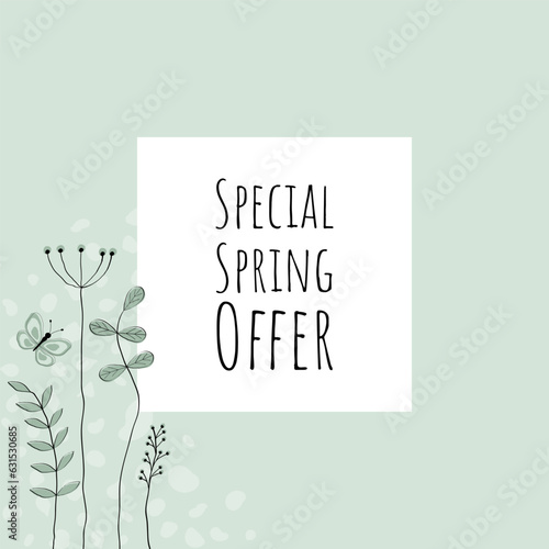 Special Spring Offer - Schriftzug in englischer Sprache - Spezielles Frühlingsangebot. Verkaufsplakat mit floralem Design in Pastellgrün.