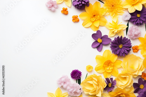 Yellow and purple flowers on white background, Spring, easter concept, Flat lay, top view, copy space, aesthetic look © alisaaa