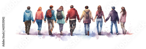 watercolor backview of young people holding hands , ai generated