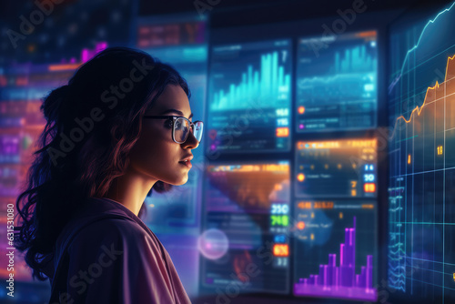Digital Discovery: Unraveling Technology Trends on Data Dashboard - Dive into the technology with this compelling portrayal of a woman delving into data, trends, and graphs on a digital dashboard.