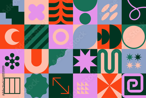 Abstract background with geometric and colorful shapes. Trendy geometric pattern. Flat vector illustration with modern elements for cover, poster, card, print, banner, packaging or branding.
