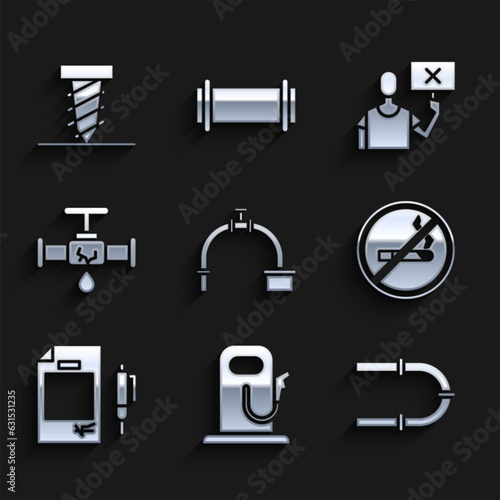 Set Industry pipe and valve, Petrol or gas station, No Smoking, Contract money pen, Broken with leaking water, Nature saving protest and Rotating drill digging hole icon. Vector