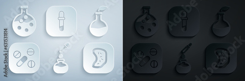 Set Test tube and flask, Plant breeding, Medicine pill or tablet, Bacteria, Pipette and icon. Vector
