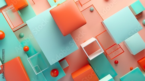 Abstract 3d render  composition  with orange  red  green and lights blues colors