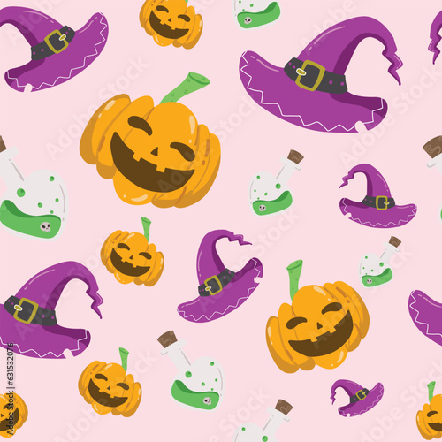 halloween seamless pattern pumpkin potion 
witch hat for background