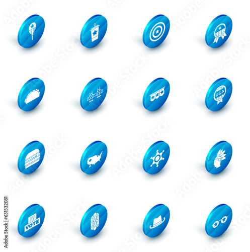 Set Paper glass with straw, American star shield, Medal, Taco tortilla, Burger, Golden gate bridge, and Carnival garland flags icon. Vector