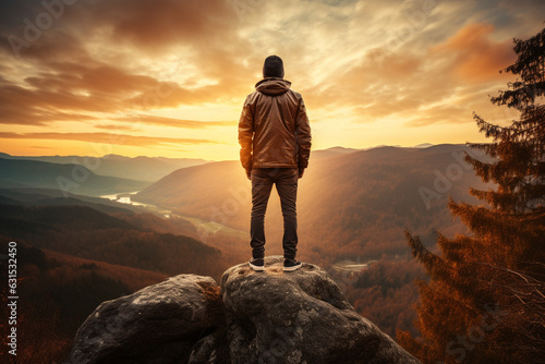 Young man looks at the sunset view standing on a rock in the mountain, aesthetic look