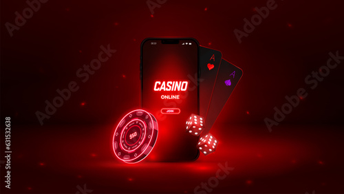 Casino online, red banner. Glowing poker chips and playing cards. Online Casino Mobile Application, advertising banner. Vector illustration